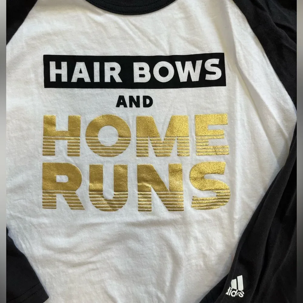 🌴 Adidas Girls L “Hair Bows & Home Runs” Graphic Baseball Tee